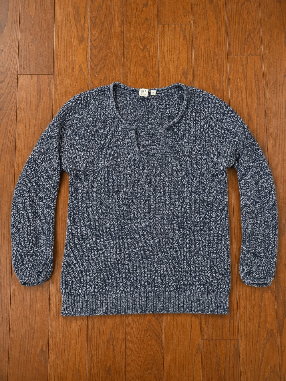 Gap Womens Medium Marled Knit Sweater Blue Gray Split Neck Pullover Top Chunky
